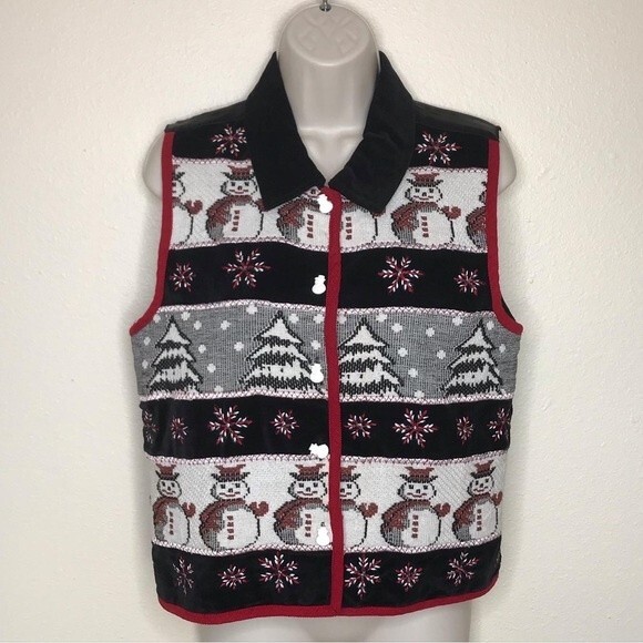 TanTrums Tapestry Snowmen Christmas Trees Velvet Collar Satin Back Vest Small - Picture 12 of 13